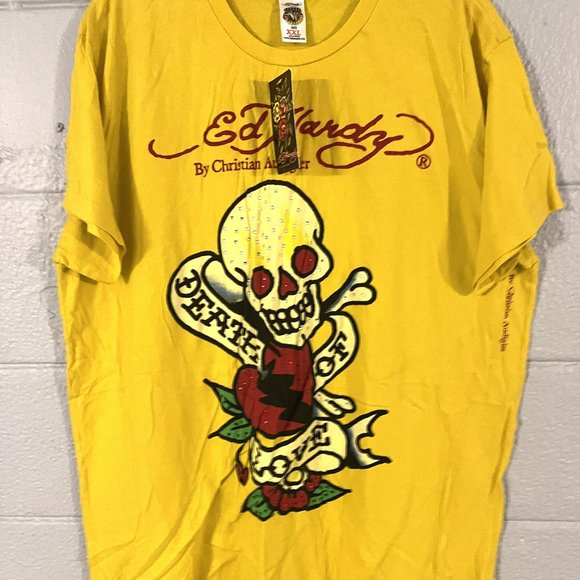 Ed Hardy Other - Men's Ed Hardy Death of Love Vintage Beaded Yellow T Shirt Size Short Sleeve